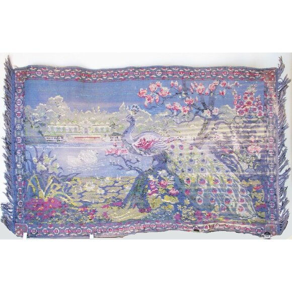 Vtg Velvet Tapestry Peacock Rug Fringe Japanese Cherry Blossom Wall Hanging Deco - Picture 5 of 5